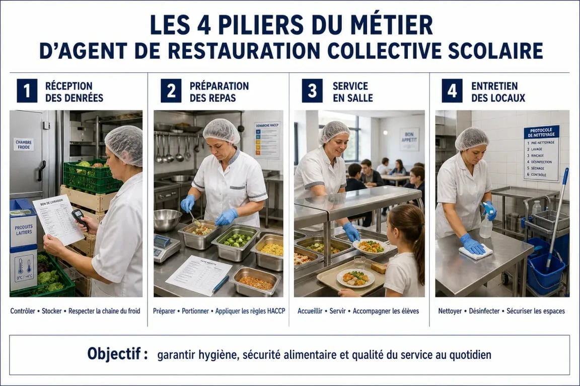 Infographie des missions d'un agent de restauration collective scolaire