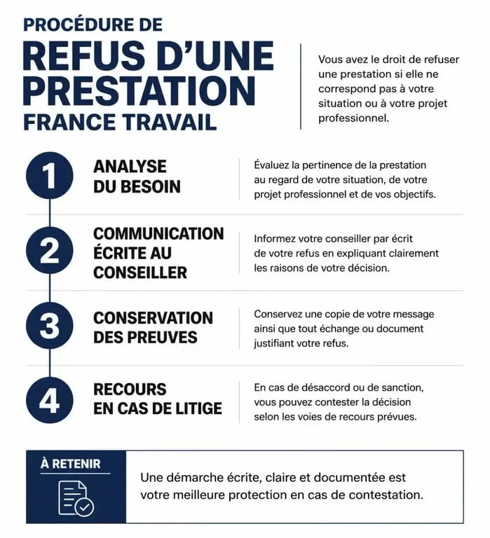 Infographie sur la procédure de refus d'un emploi stable France Travail