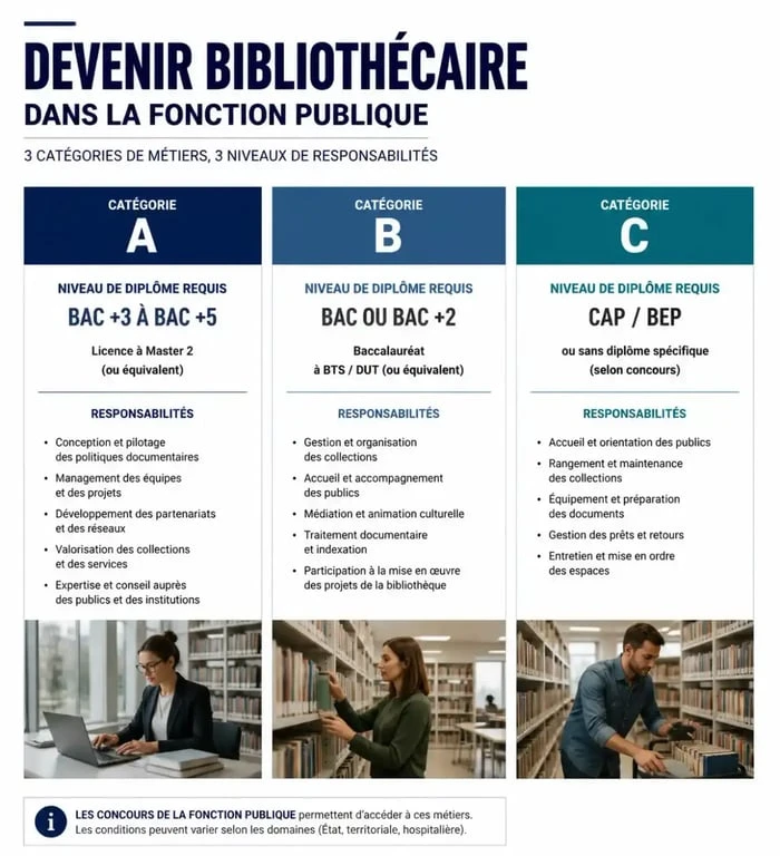 Infographie des catégories de concours pour devenir bibliothécaire