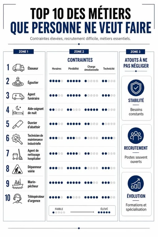 Infographie sur le top 10 des métiers que personne ne veut faire avec tableau comparatif