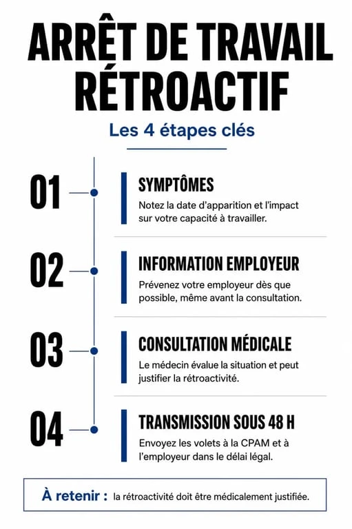 Schéma des étapes pour obtenir un arrêt de travail rétroactif et respecter les délais de transmission