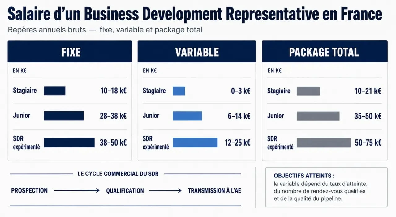 Infographie sur le business development representative salaire en France avec fixe, variable et package