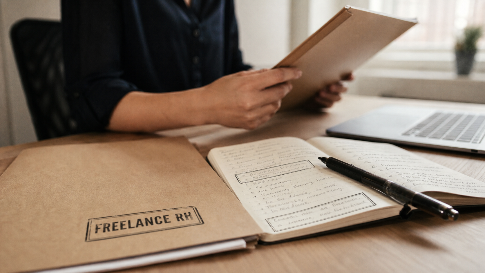 Freelance rh : dossier recrutement, relations sociales et formation sur table de travail