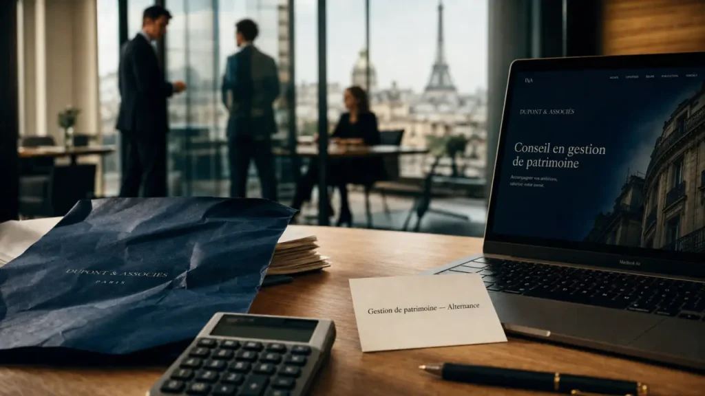 Gestion de patrimoine alternance Paris : bureau, calculatrice et dossier comptable en entreprise