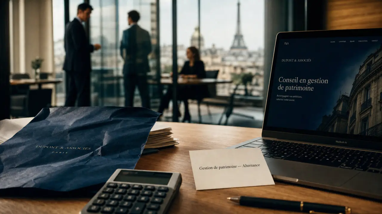 Gestion de patrimoine alternance Paris : bureau, calculatrice et dossier comptable en entreprise