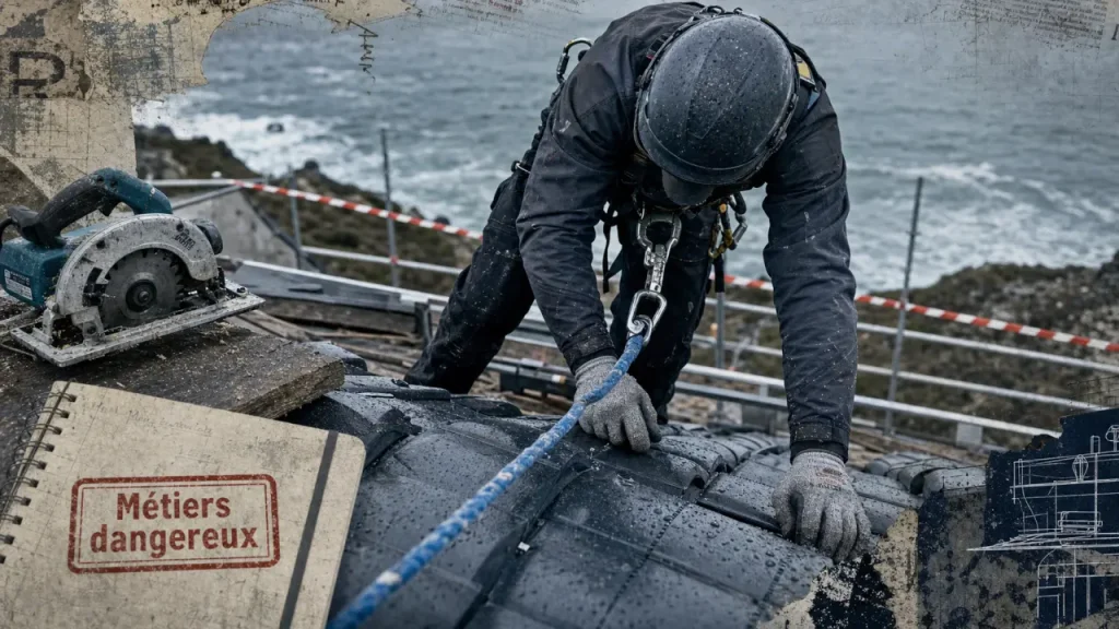 Metier dangereux : couvreur sur toiture humide, harnais et corde, risque mesuré chantier