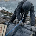 Metier dangereux : couvreur sur toiture humide, harnais et corde, risque mesuré chantier