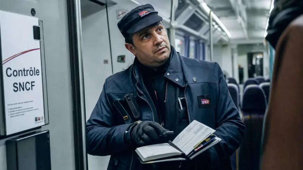 Recrutement controleur sncf : contrôleur vérifie billets dans un train