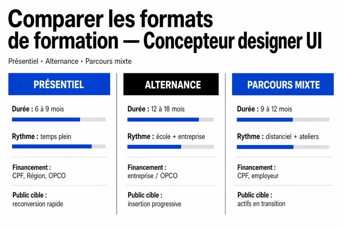 Formation concepteur designer ui : comparaison des formats présentiel, alternance et parcours mixte