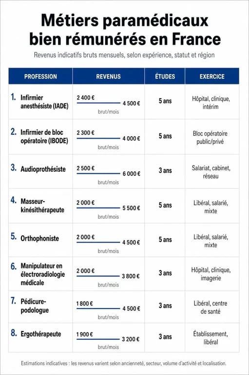 Métier paramédical bien payé : infographie comparative des salaires, études et statuts des professions les mieux rémunérées