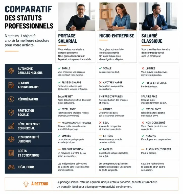 Tableau comparatif visuel entre le portage salarial, la micro-entreprise et le salariat classique