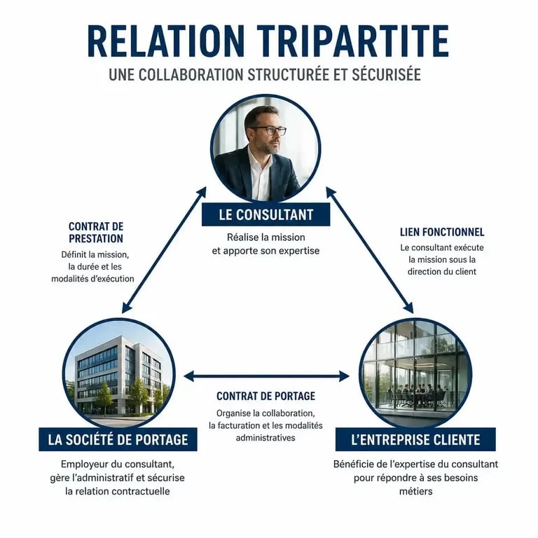 Schéma explicatif de la relation tripartite en portage salarial entre le consultant, la société de portage et le client