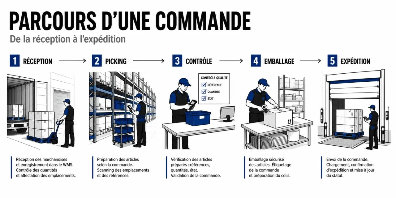 Préparateur de commande fiche métier, schéma du parcours d’une commande de la réception à l’expédition