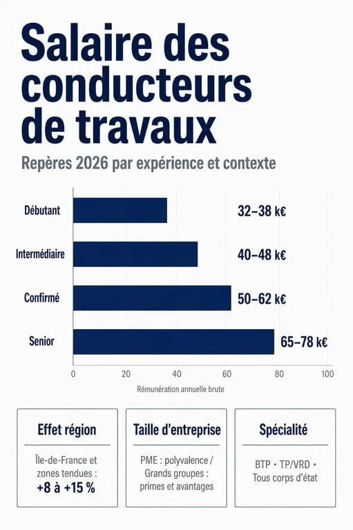 Conducteurs de travaux salaire : infographie des fourchettes selon expérience, région, entreprise et spécialité