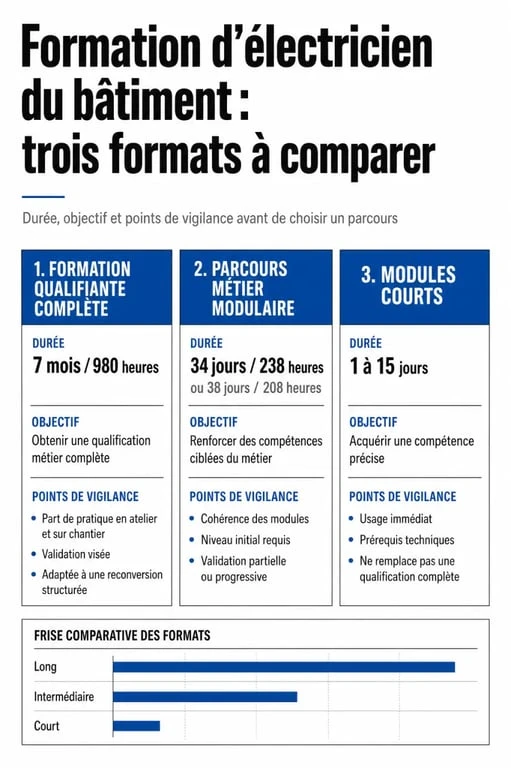 Formation d electricien batiment : comparaison des durées, certifications et formats de parcours