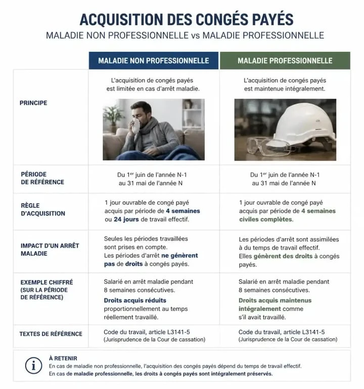 Comparatif des droits aux congés payés entre maladie professionnelle et non professionnelle
