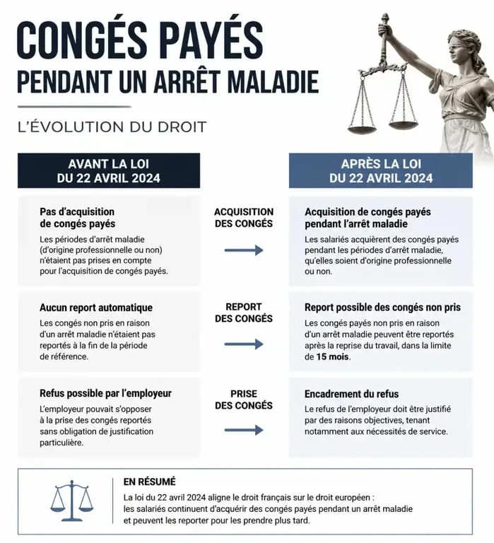 Infographie sur l'acquisition des congés payés après l'arrêt maladie et la réforme de 2024