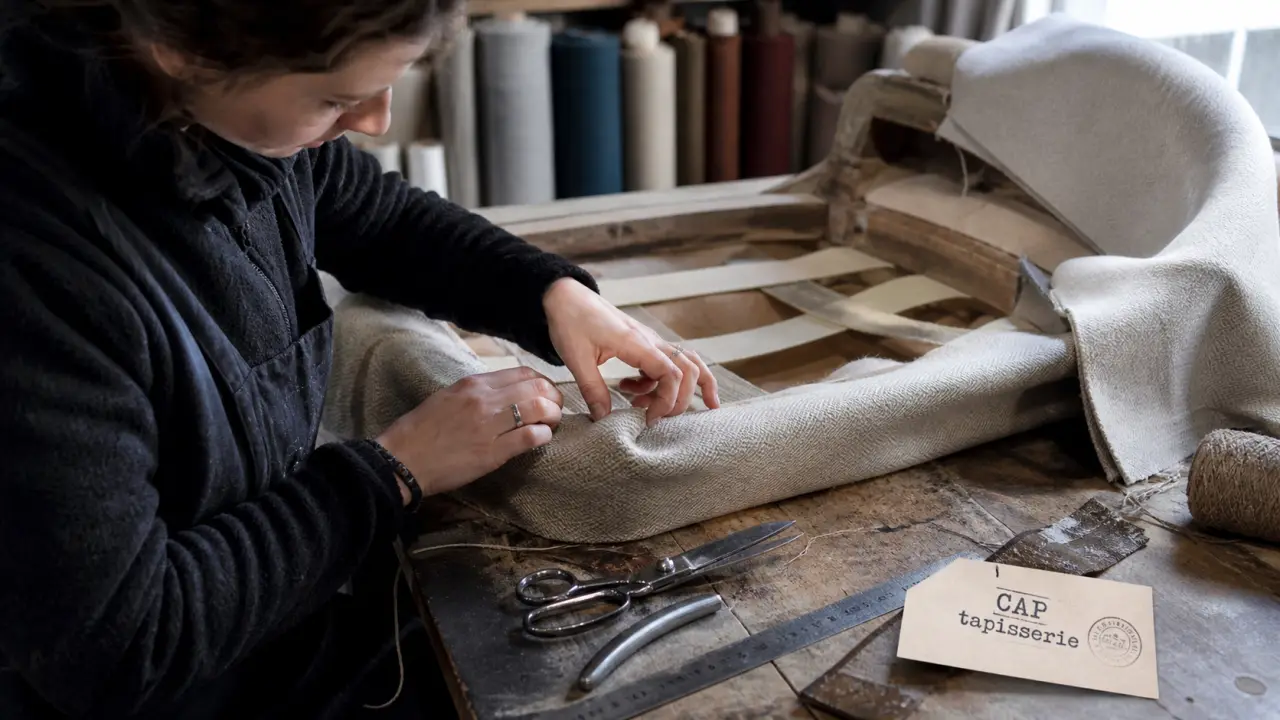 Formation ameublement decoration CAP tapisserie en atelier, tapisseuse recouvrant un fauteuil