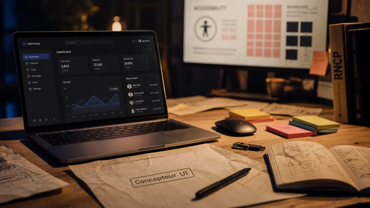 Formation concepteur designer UI en atelier, prototype UI sur laptop