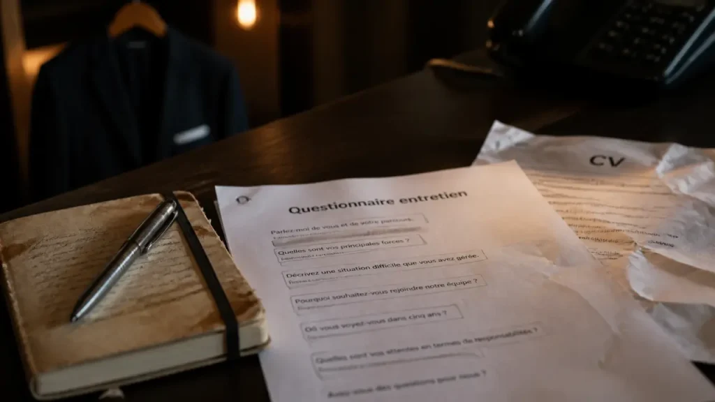 Questionnaire entretien d embauche sur un bureau, carnet et CV pour préparer l’entretien