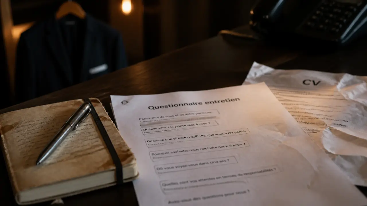 Questionnaire entretien d embauche sur un bureau, carnet et CV pour préparer l’entretien