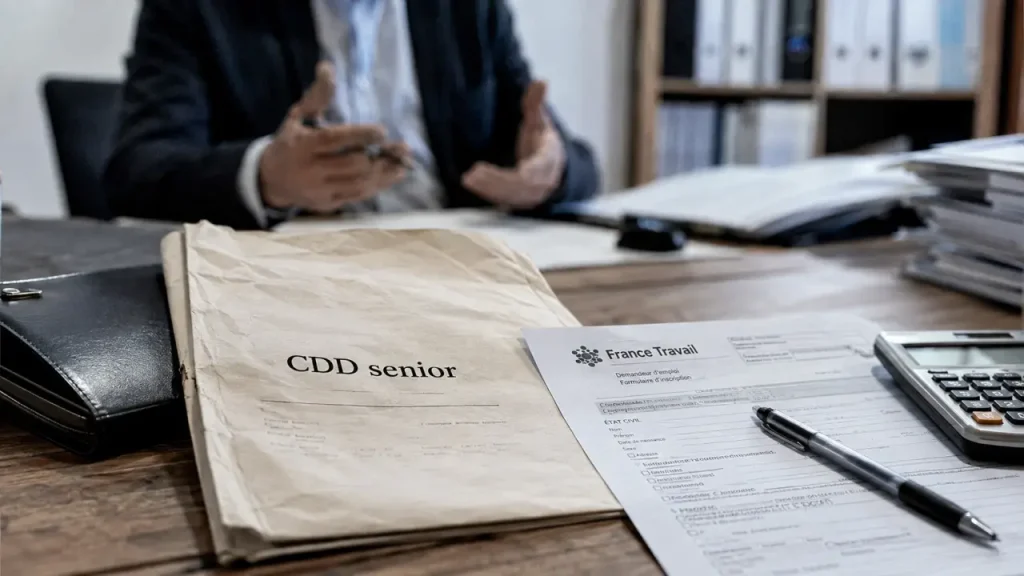 CDD senior Pôle emploi : dossier et formulaire France Travail sur une table