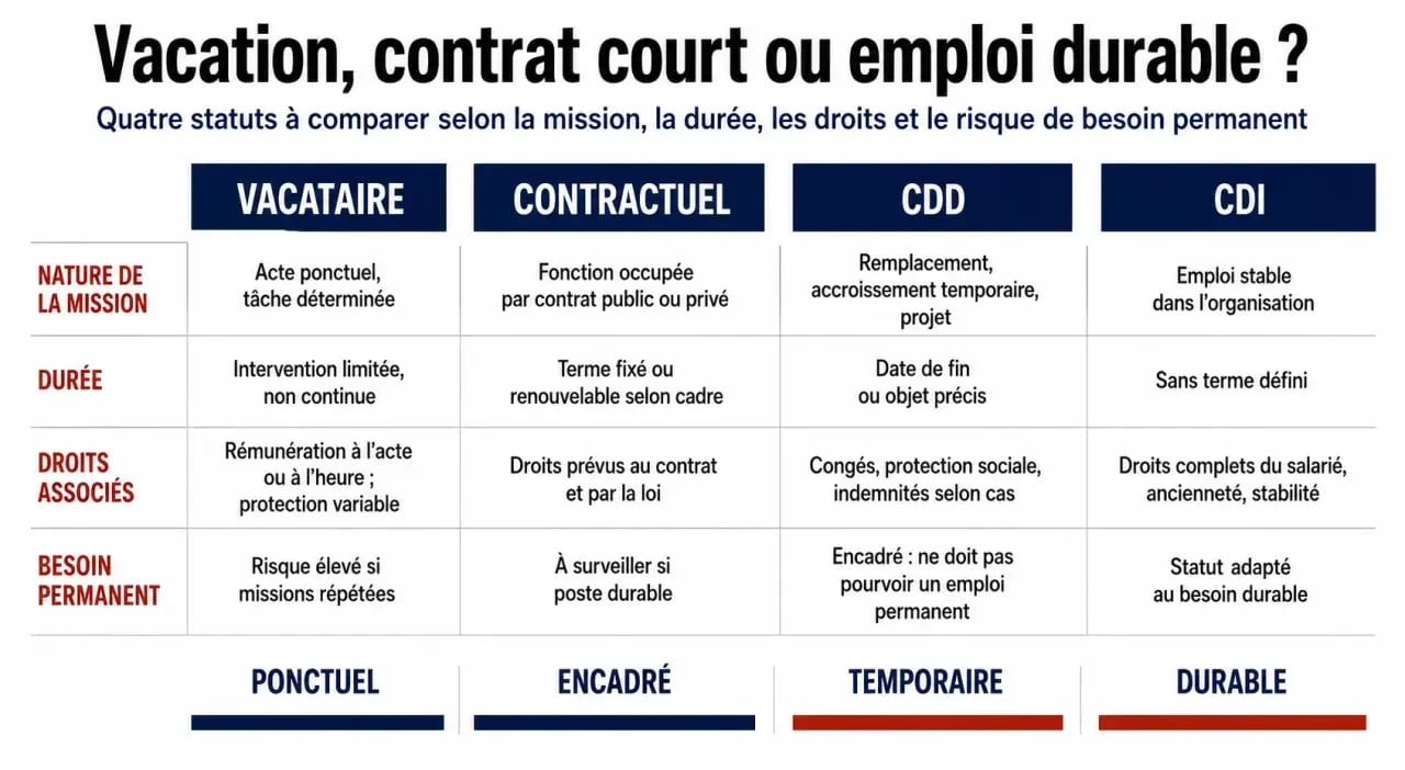 Travail vacation : infographie comparant vacataire, contractuel, CDD et CDI
