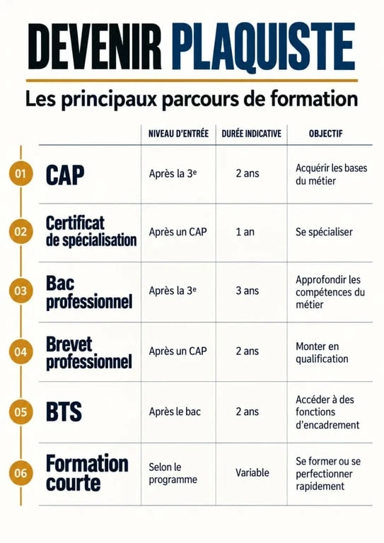 Infographie des parcours de formation plaquiste du CAP au BTS