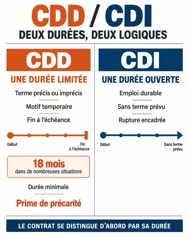 Infographie sur la différence de durée CDD CDI et les règles de fin de contrat