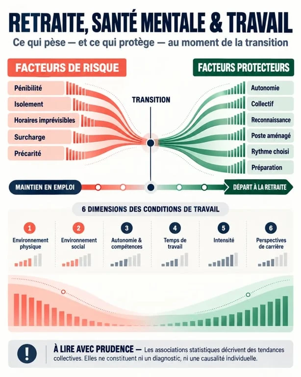Infographie sur la retraite, la santé mentale et les conditions de travail