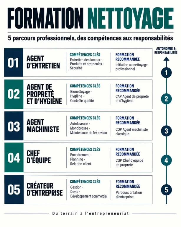 Infographie des parcours et métiers accessibles avec une formation nettoyage