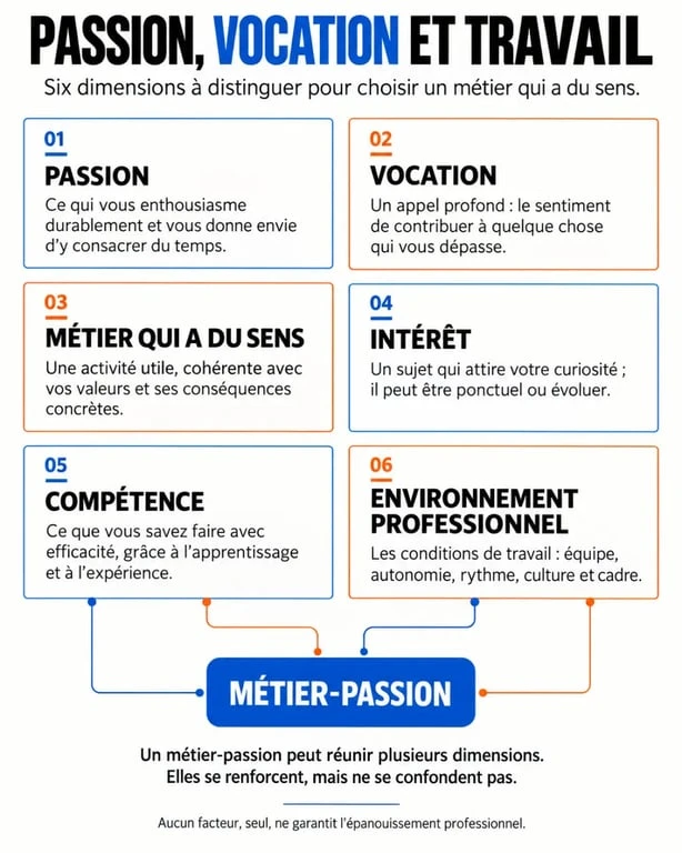 Infographie sur le métier passion et les différences entre passion, vocation, sens, intérêt et compétences