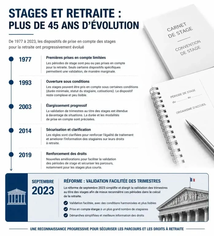 Chronologie des dispositifs de stage et validation des trimestres de retraite 1985