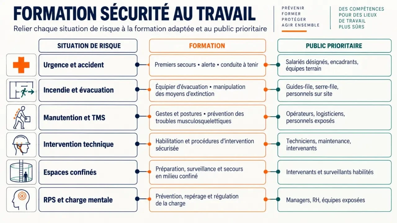 Infographie sur les formations sécurité au travail selon les risques et les publics