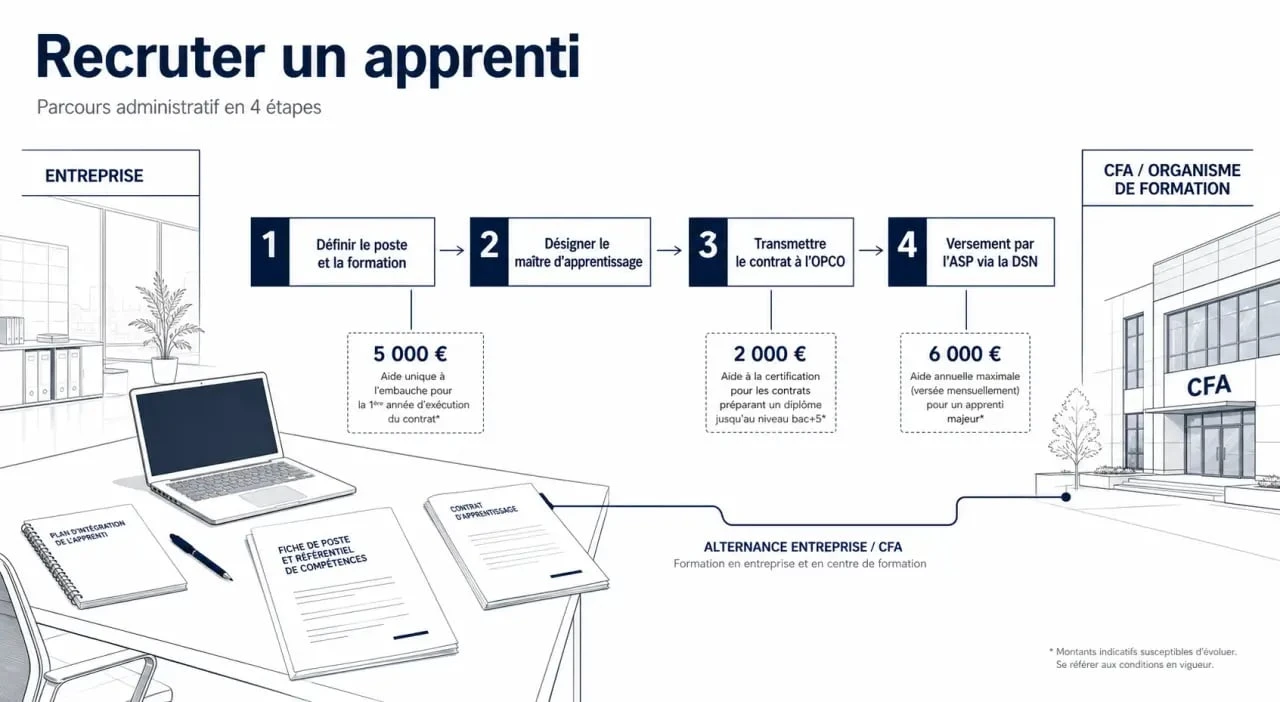 Recruter un apprenti : schéma éditorial des étapes et des aides financières