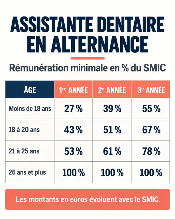 Infographie sur la rémunération d'une assistante dentaire en alternance selon l'âge et l'année du contrat
