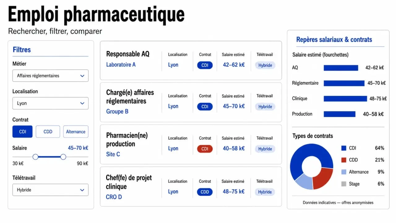 Industrie pharmaceutique emploi : visualisation éditoriale des filtres, salaires et types de contrats