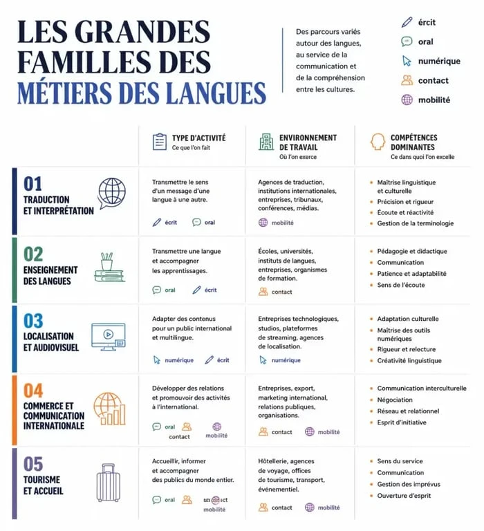 Infographie sur les métiers des langues et leurs principaux environnements de travail