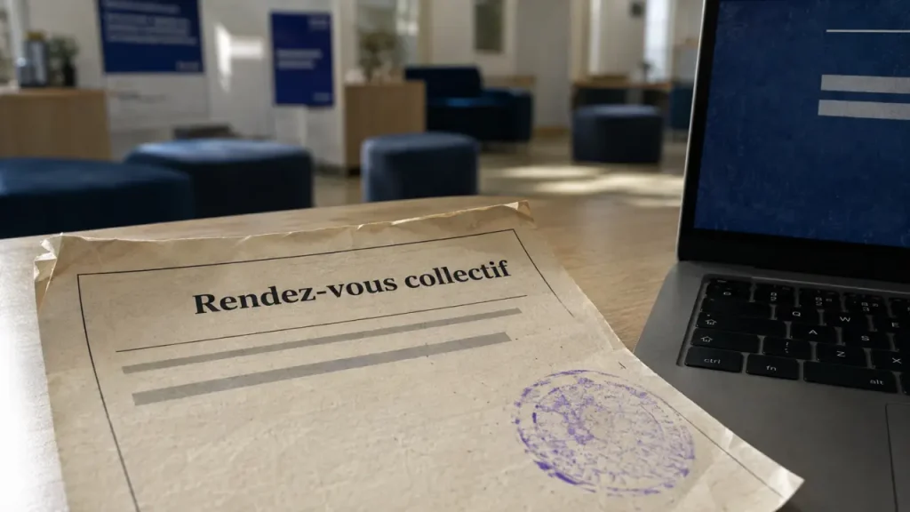 rdv collectif france travail : convocation sur table près d’un ordinateur