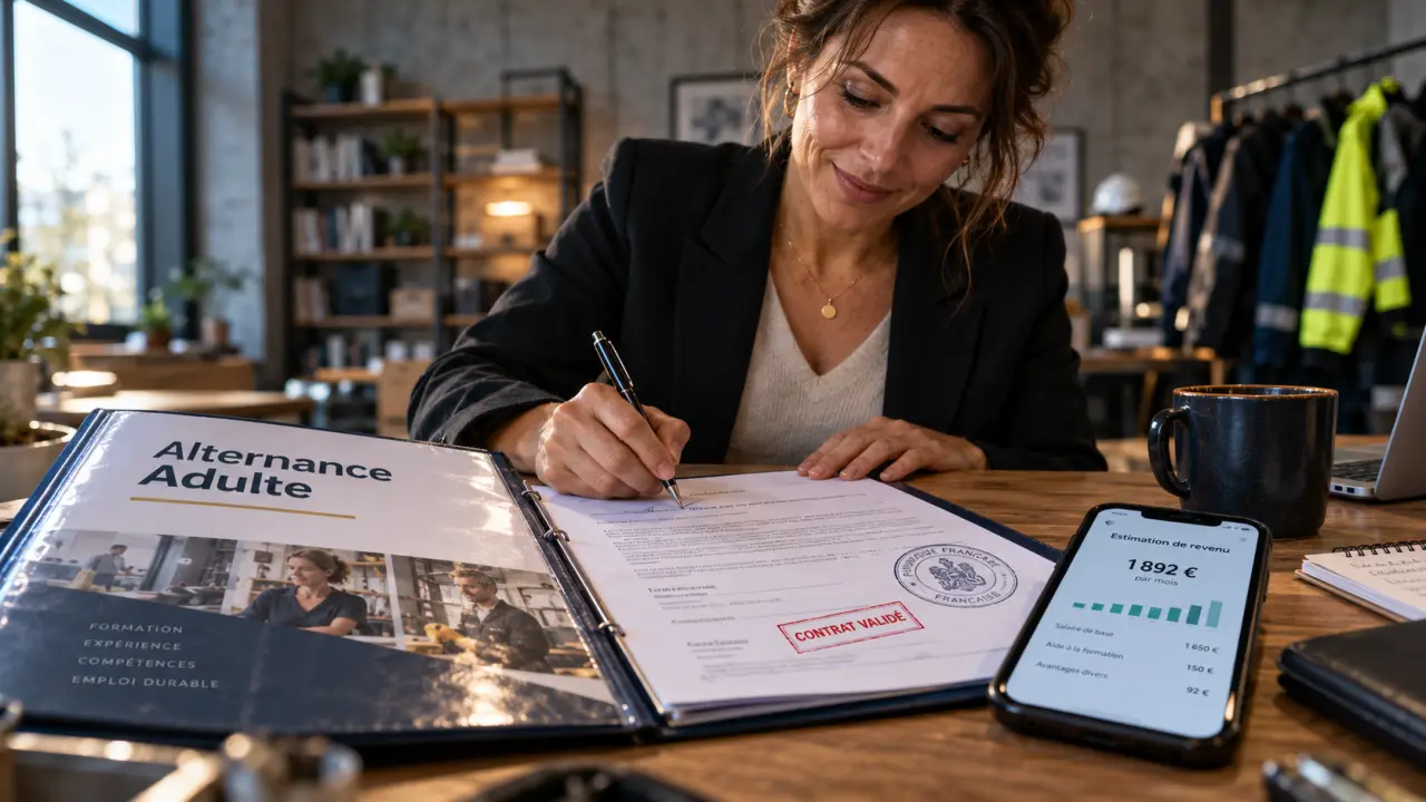 Alternance adulte : femme signe un contrat, statut et revenu estimé