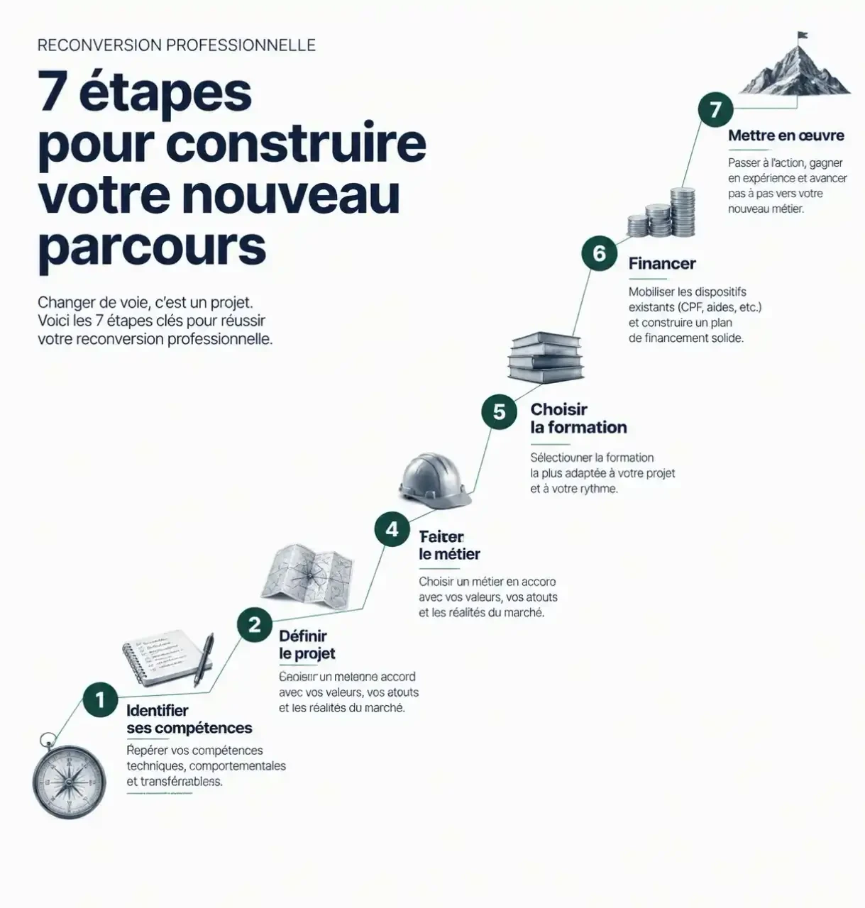 Schéma des sept étapes d'un accompagnement de reconversion professionnelle, du bilan de situation à la mise en œuvre du projet