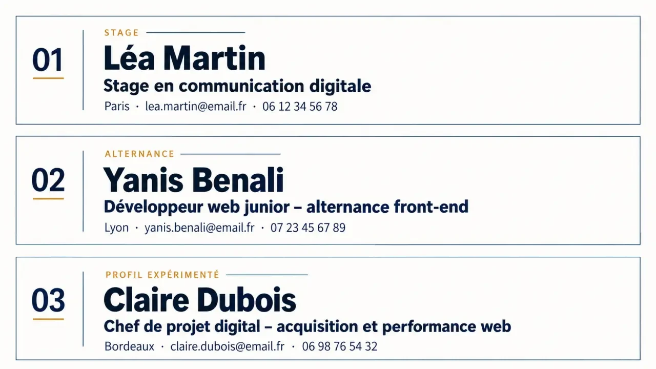 Exemple titre CV placé dans l’en-tête pour un stage, une alternance et un profil expérimenté