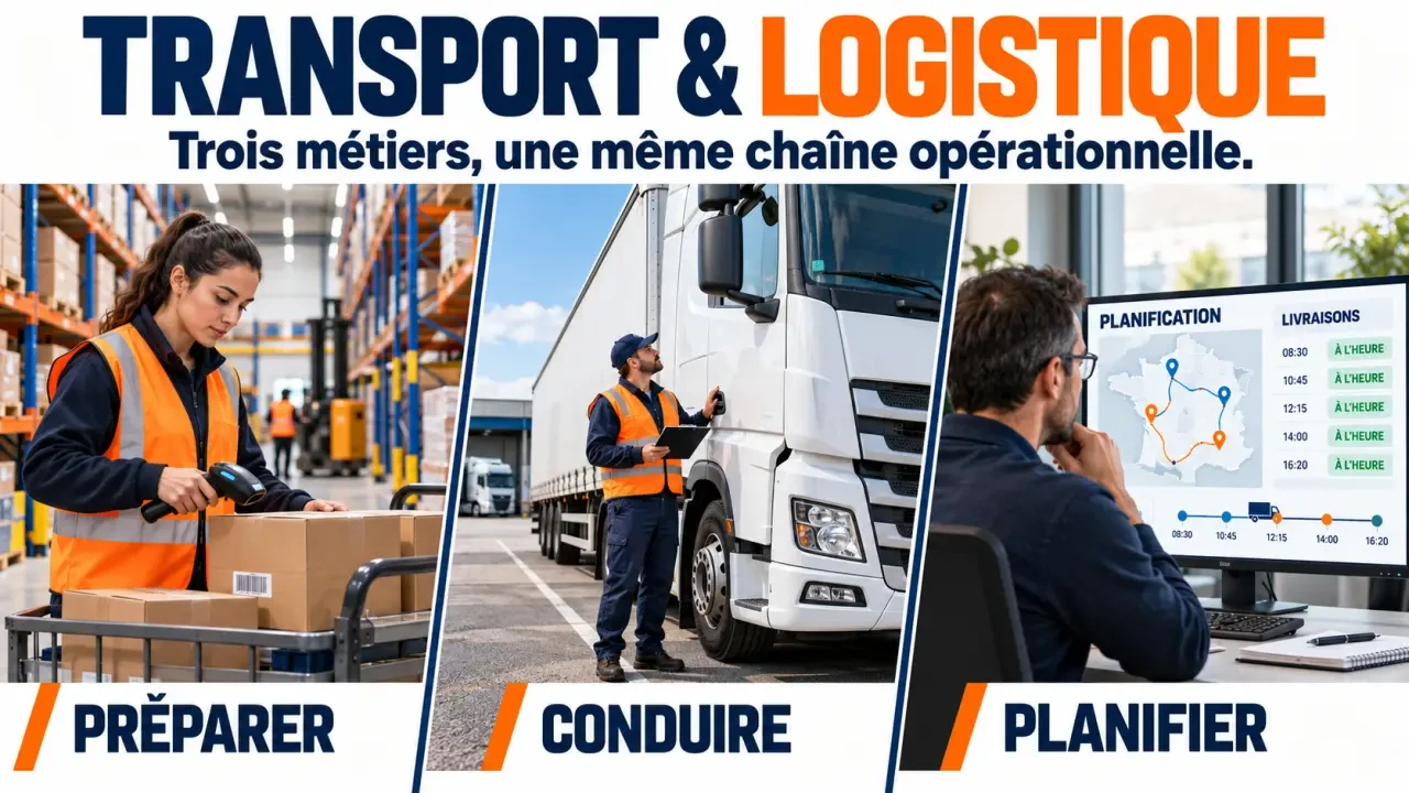 Formation transport logistique illustrée par les métiers d’entrepôt, de conduite et d’exploitation