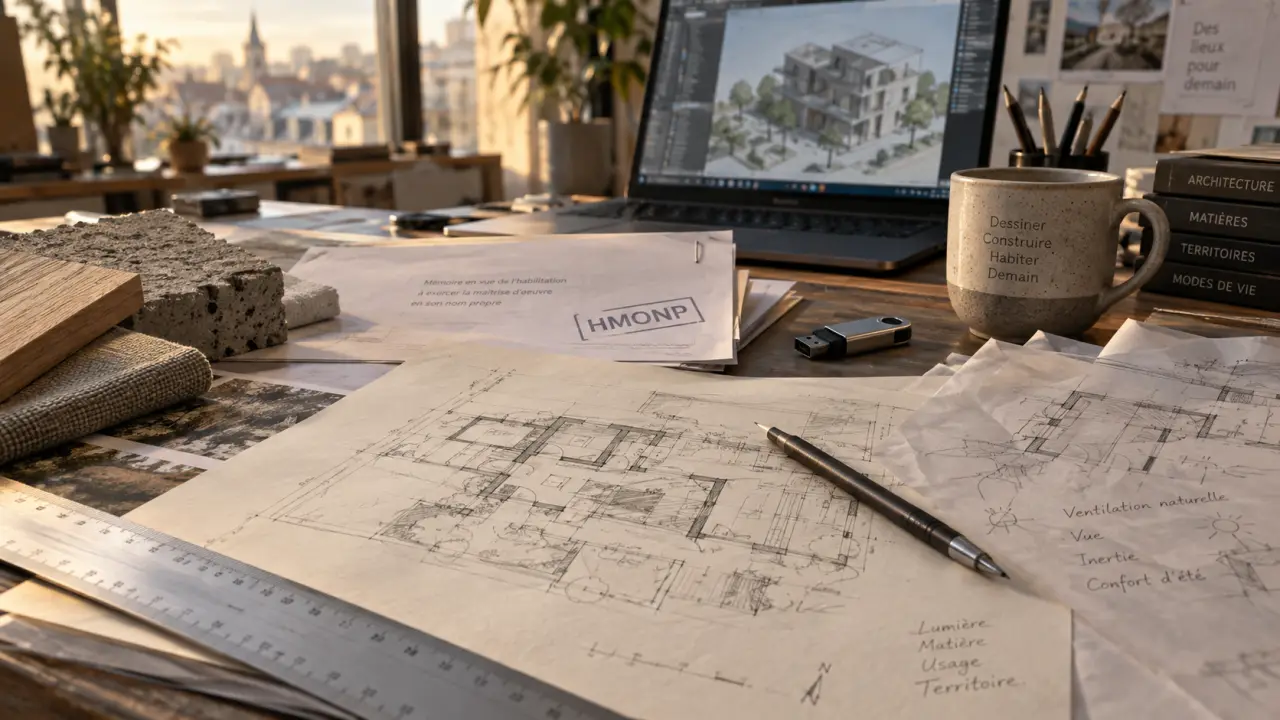 Formation architecte reconversion HMONP : plans d’architecture et BIM sur ordinateur