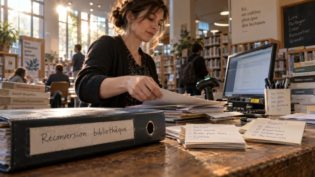 Formation bibliothécaire reconversion en médiathèque, bibliothécaire trie des documents