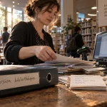 Formation bibliothécaire reconversion en médiathèque, bibliothécaire trie des documents